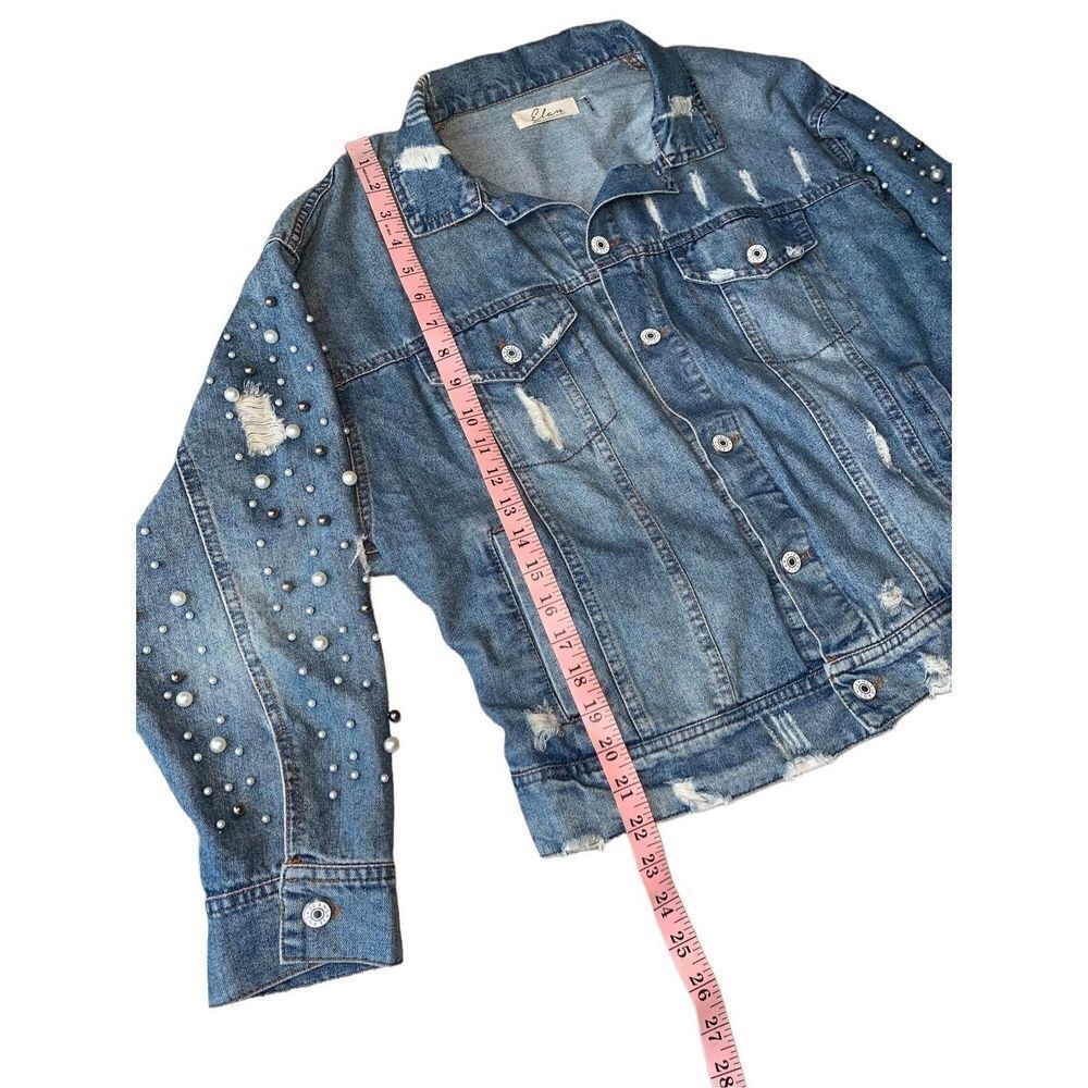 Elan Distressed Blue Denim Jacket with Pearl Embellishments - Picture 13 of 14
